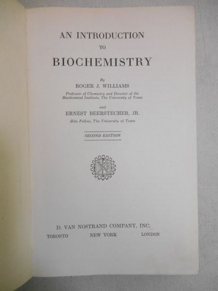 Williams J. Roger  - An Introduction to Biochemistry, 1948 r.