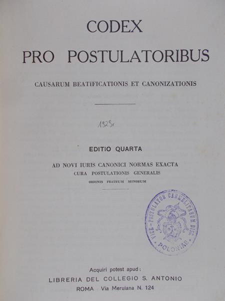 Codex pro postulatoribus, 1929 rok