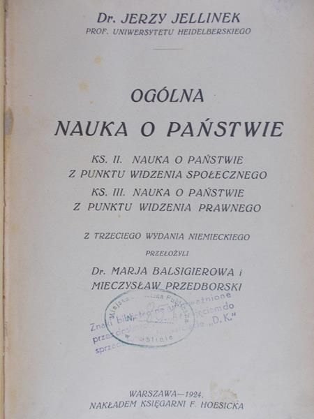 Jellinek Jerzy - Ogólna nauka o państwie,  1923 rok