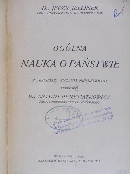 Jellinek Jerzy - Ogólna nauka o państwie,  1921 r.
