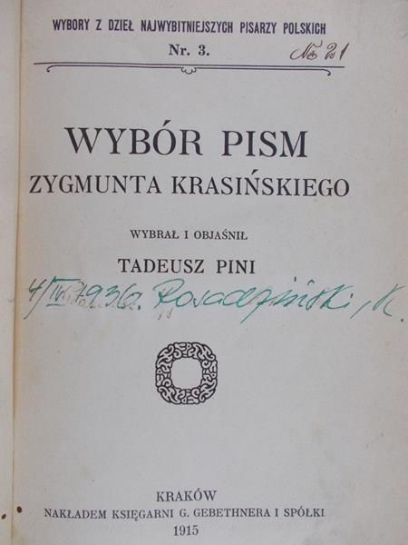 Pini Tadeusz - Wybór pism Zygmunta Krasińskiego, 1915 r.