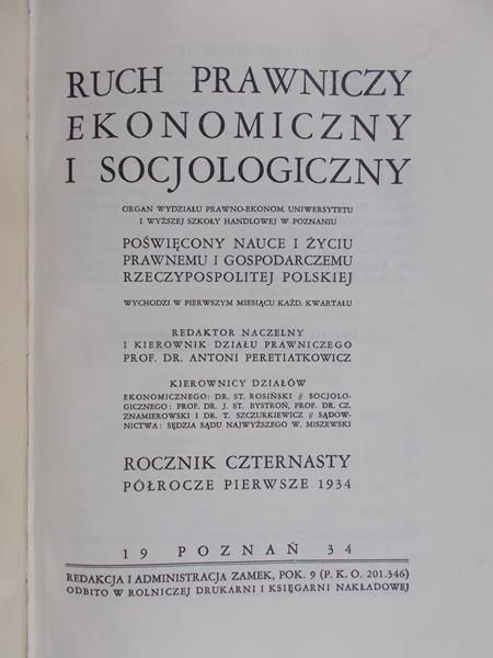 Peretiatkowicz Antoni (red.) - Ruch Prawniczy Ekonomiczny i Socjologiczny, 1934 r.