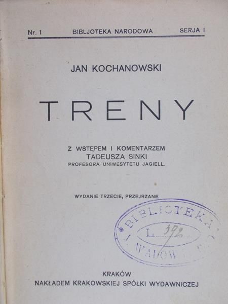 Kochanowski Jan - Treny, 1922 r.
