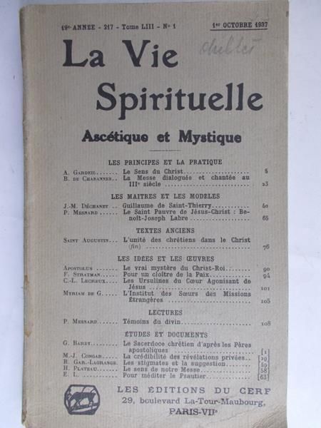 La Vie Spirituelle Ascetique et Mystique, 1937 r.