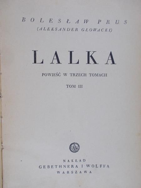 Prus Bolesław - Lalka, tom III, 1935 r.