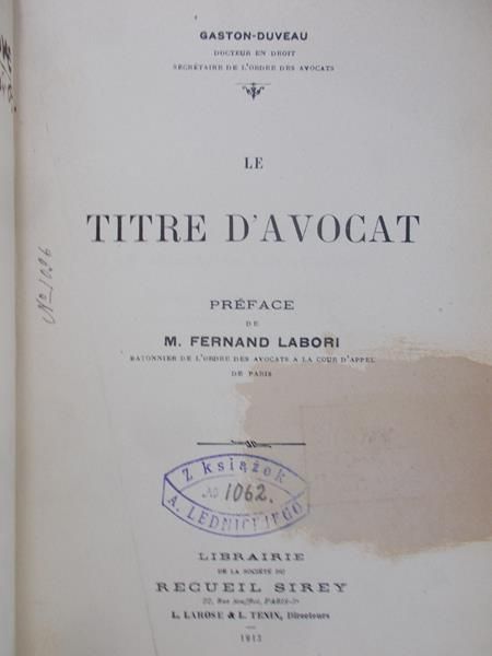Duveau Gaston - La titre d'avocat, 1913 r.