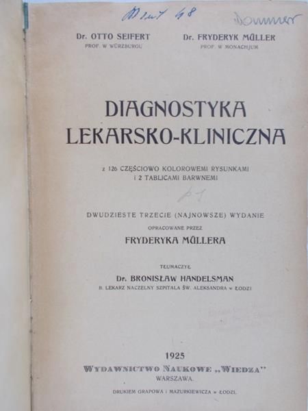 Muller Fryderyk - Diagnostyka Lekarsko-kliniczna, 1925 r.