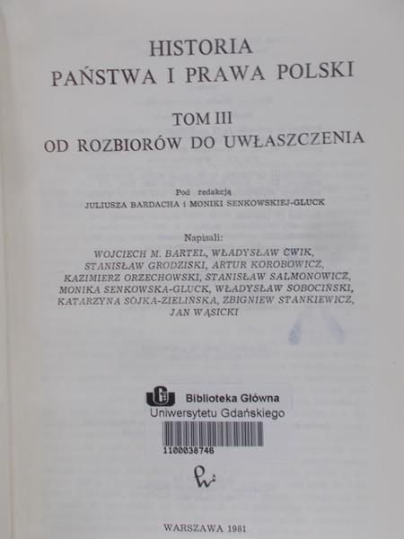 Bardach Juliusz (red) - Historia państwa i prawa Polski, Tom III