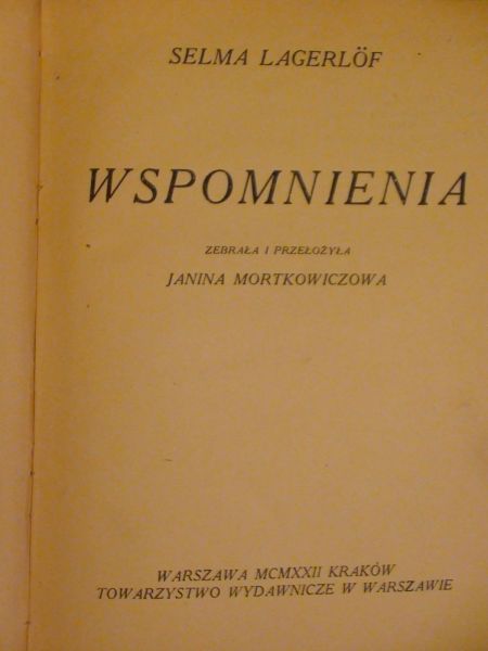 Lagerlof Selma - Wspomnienia 1922 r.