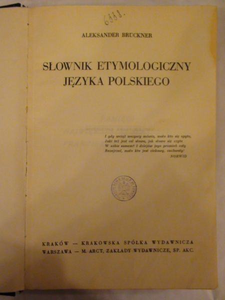 Bruckner  - Słownik Etymologiczny Języka Polskiego 1927 r.