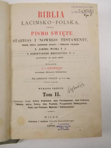 Biblia łacińsko - polska czyli Pismo Święte Starego i Nowego Testamentu T. II (przekład Jakób Wujek), 1896 r.
