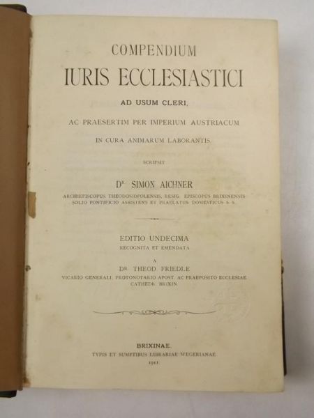 Aichner Simon - Compendium Iuris Ecclesiastici, 1911 r.