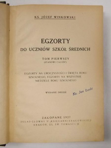 Egzorty do uczniów szkół średnich, tom 1, 1927 r.