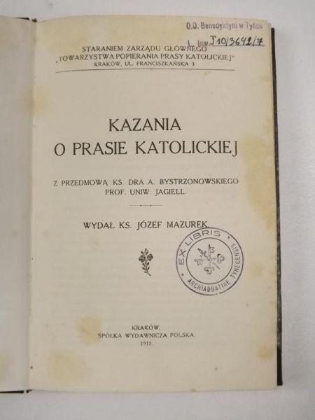 Mazurek Józef - Kazania o prasie katolickiej, 1915 r.