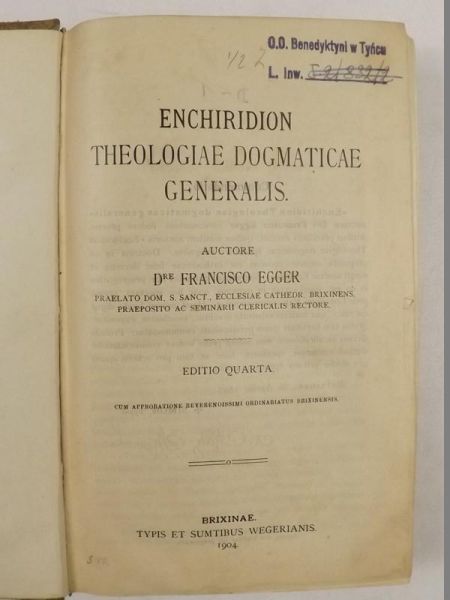 Enchiridion Theologiae Dogmaticae Generalis, 1904 r.