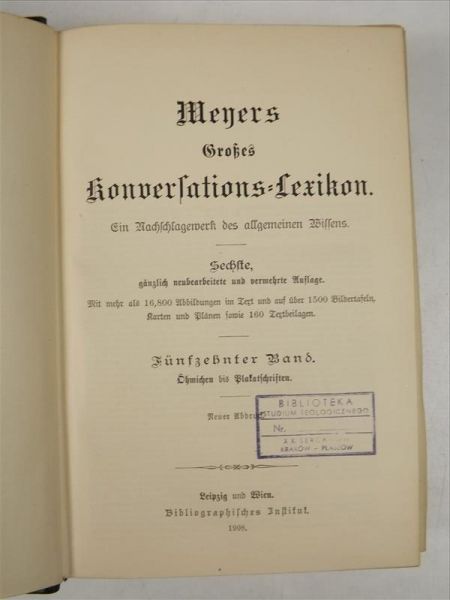 Meyers Konversations-Lexikon Band 15 Ohmichen bis Plakatschriften, 1908 r.