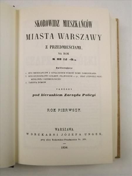 Skorowidz mieszkańców miasta Warszawy z przedmieściami na rok 1854, reprint z 1854 r.