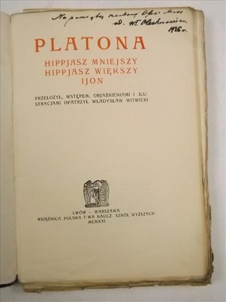 Platona Hippjasz mniejszy, Hippjasz większy i Jon, 1921 r.