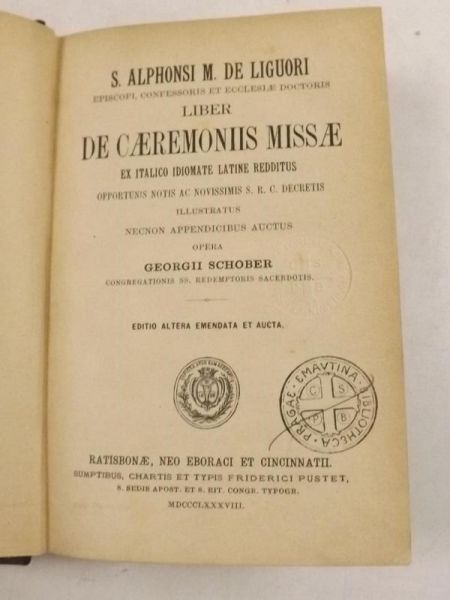 De Liguori Alphonsi M. - Liber De Caeremonis Missae, 1888 r.