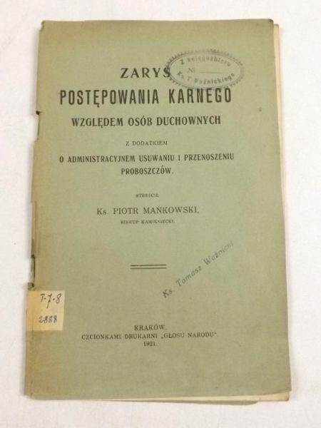 Zarys postępowania karnego względem osób duchownych, 1921 r.