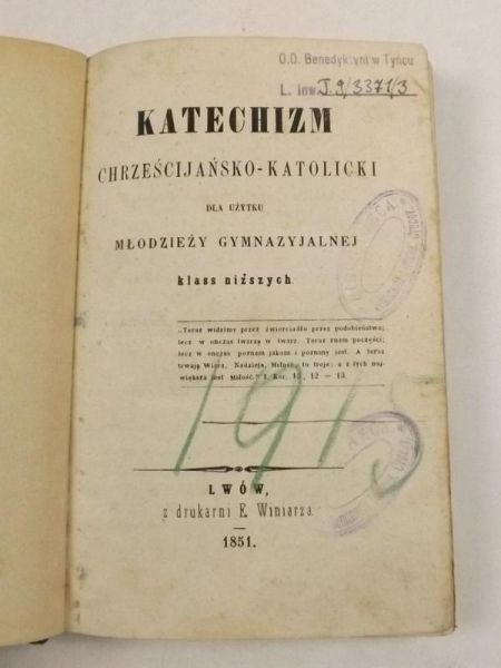 Katechizm chrześcijańskokatolicki dla użytku młodzieży gymnazyjalnej, 1851 r.