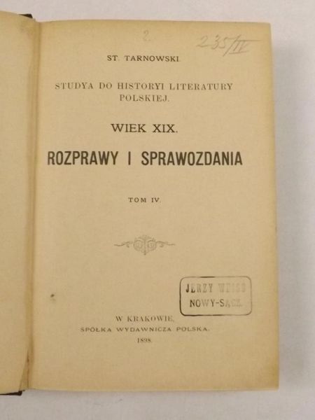 Studya do historyi literatury polskiej. Wiek XIX, 1898 r