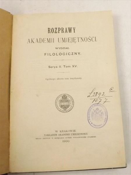 Rozprawy Akademii Umiejętności. Wydział Filologiczny. Serya II. Tom XV.  1900 r.