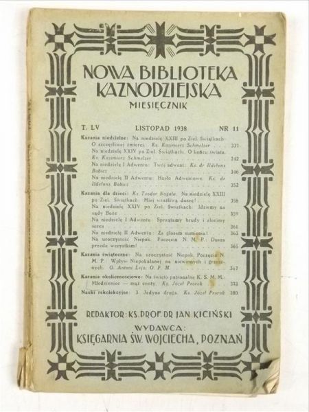 Nowa biblioteka kaznodziejska, miesięcznik, nr 11, listopad 1938 r.