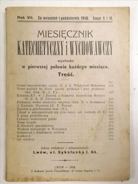 Miesięcznik katechetyczny i wychowawczy, rok VII, zeszyt 9 i 10, wrzesień, październik 1918 r.