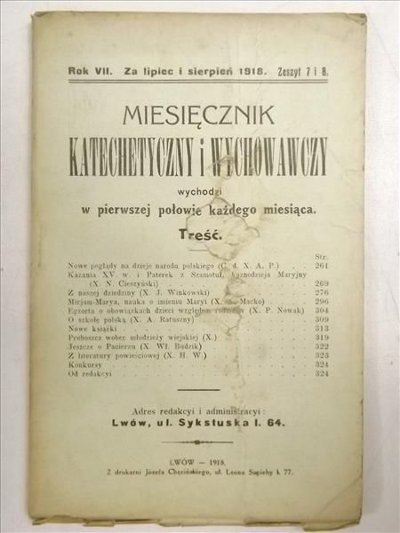 Miesięcznik katechetyczny i wychowawczy, rok VII, zeszyt 7 i 8, lipiec i sierpień 1918 r.