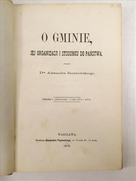 O gminie, jej organizacji i stosunku do państwa, 1873 r.