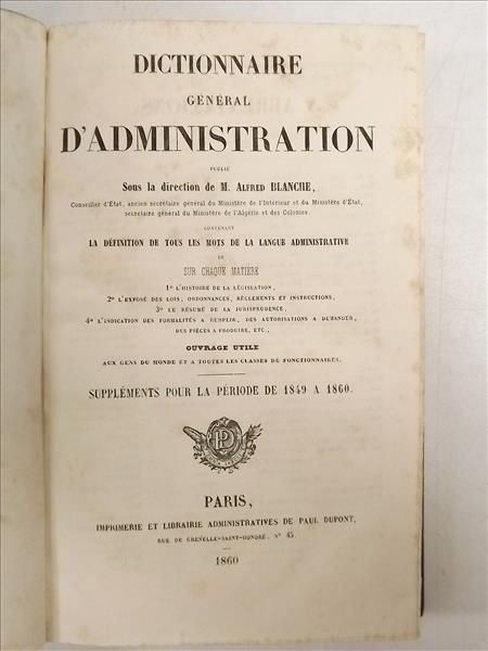Dictionnaire General D`Administrat, 1860 r.