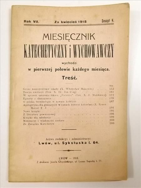 Miesięcznik katechetyczny i wychowawczy, rok VII, zeszyt 4 kwiecień 1918 r.