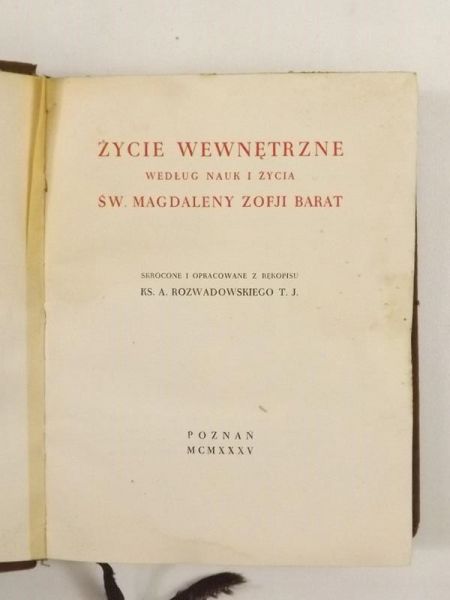 Życie wewnętrzne według nauki i życia Zofji Barat, 1935 r.