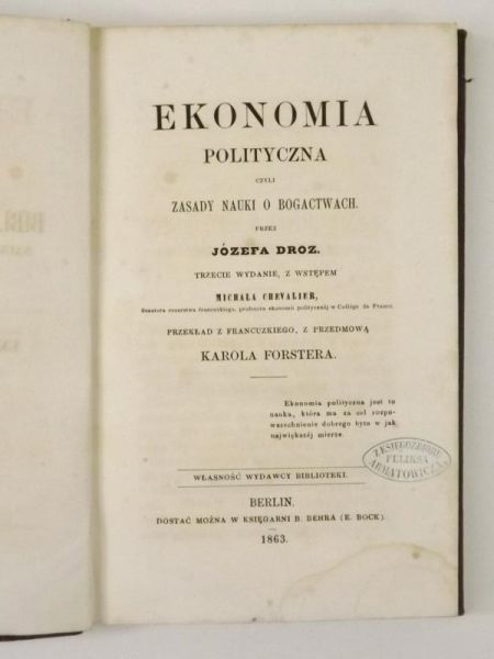 Ekonomia polityczna czyli zasady nauki o bogactwach, 1863 r.