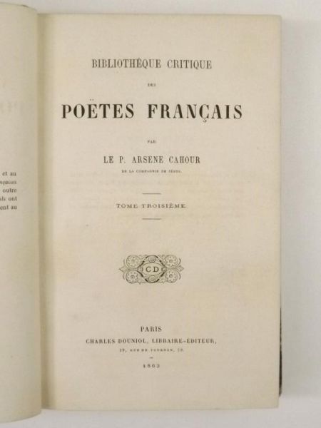 Cahour Arsene - Bibliotheque critique des poetes francais, 1863 r.