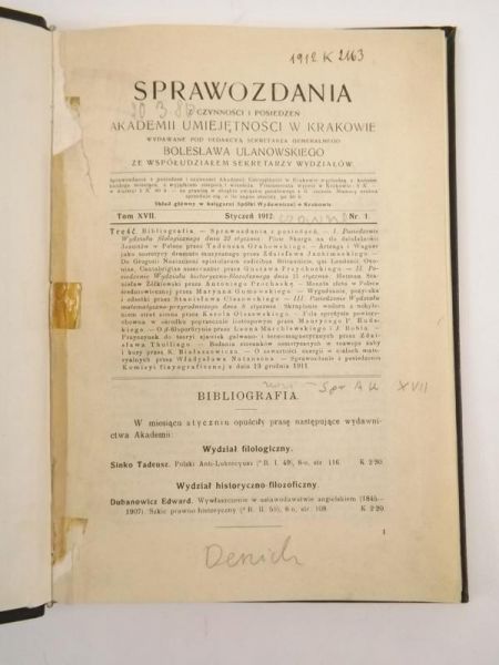 Sprawozdania z czynności posiedzeń Akademii Umiejętności w Krakowie, styczeń 1912 r.