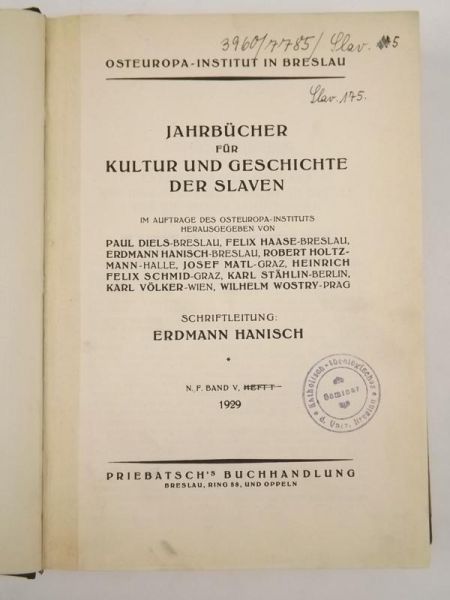 Hanisch Erdmann - Jahrbucher fur Kultur und Geschichte der Slaven, 1929 r.