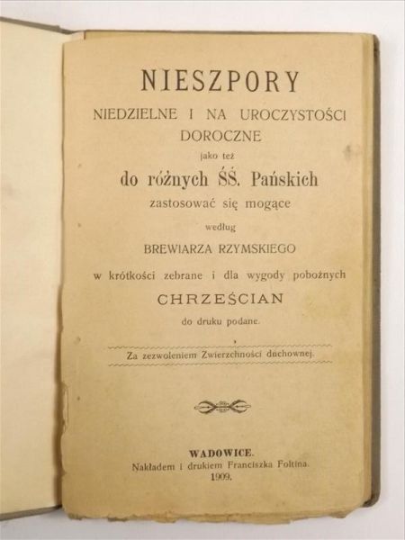 Nieszpory niedzielne i na uroczystości doroczne, 1909 r.
