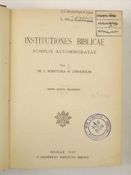 Institutiones Biblicae. Scholis accommodatae, Vol I 1937 r.