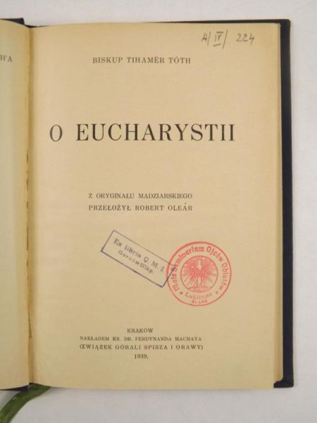 Tóth Tihamer - O Eucharystii, 1939 r.