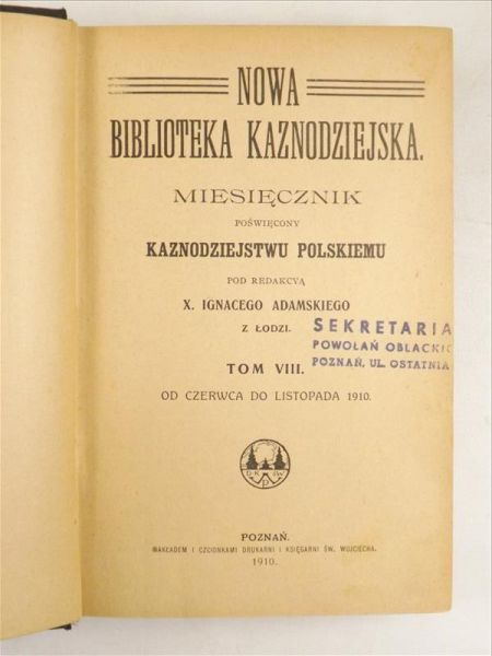 Adamski Ignacy - Nowa Biblioteka Kaznodziejska, 1910 r.