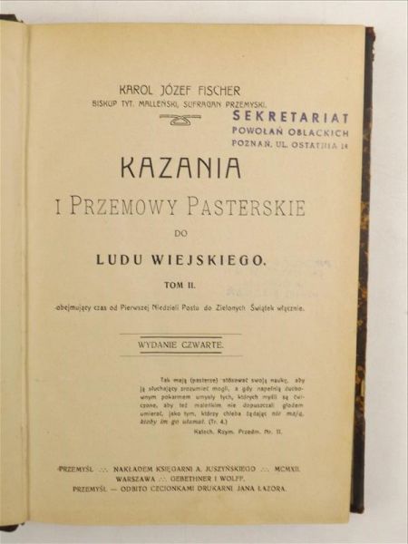 Fischer Karol Józef - Kazania i przemowy pasterskie do ludu wiejskiego t. II, ok. 1912 r.