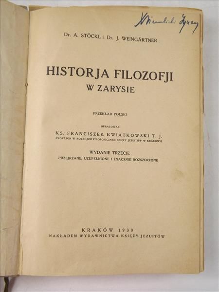 Stockl A.,   - Historja filozofji w zarysie, 1930 r.