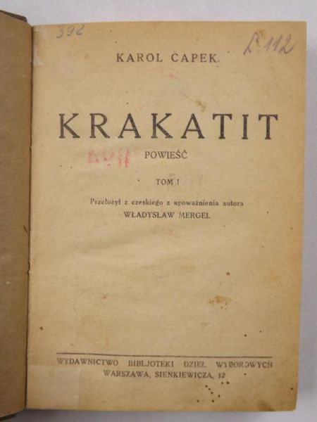 Capek Karol - Krakatit, tom I, książka z 1922 roku