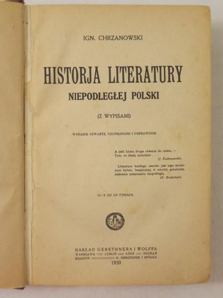 Chrzanowski Ign. - Historja literatury Niepodległej Polski, 1920 r.
