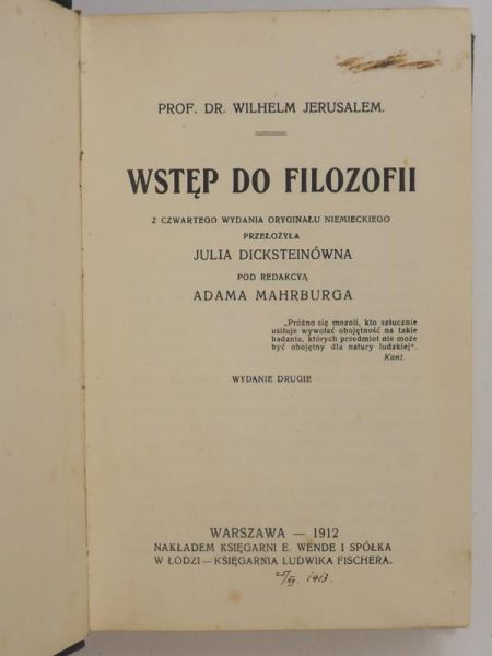 Wstęp do filozofii, Wydanie II, 1912 r.
