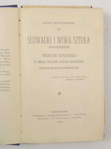 Matuszewski Ignacy - Słowacki i nowa sztuka, 1902 r.