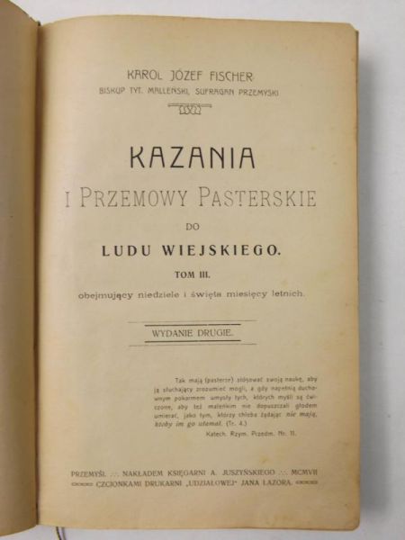 Fischer Karol Józef - Kazania i przemowy pasterskie do ludu wiejskiego, Tom III, 1907 r.