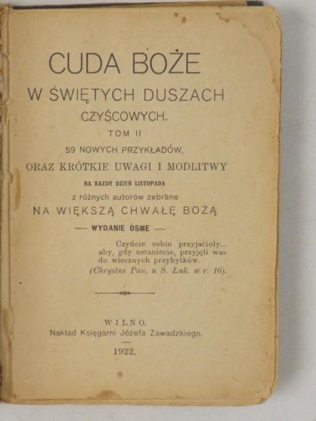Cuda Boże w świętych duszach czyśćcowych, Tom II. 59 nowych przykładów, oraz krótkie uwagi i modlitwy na każdy dzień listopada, 1922 r.